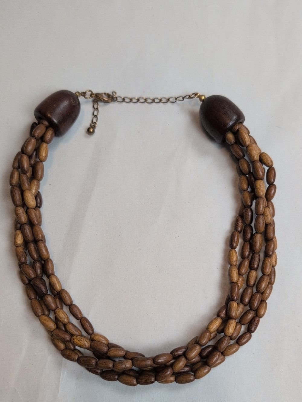 Multi-Strand Natural Brown Wooden Bead Adjustable Choker Necklace 14"